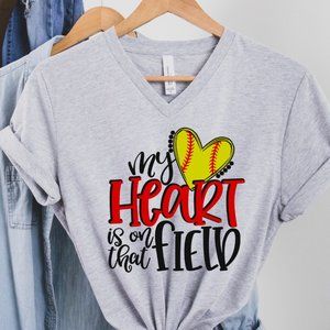New My Heart Is On The Field Softball Grey V Neck Bella Canvas L Large T-shirt